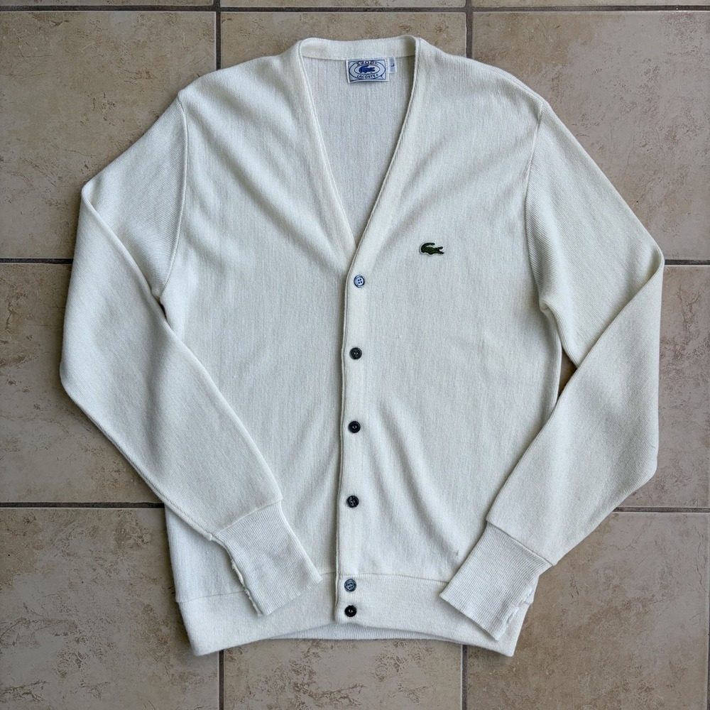 Vintage Izod Lacoste Cardigan Mens Large Cream Orlon Button Front Old Money 70s